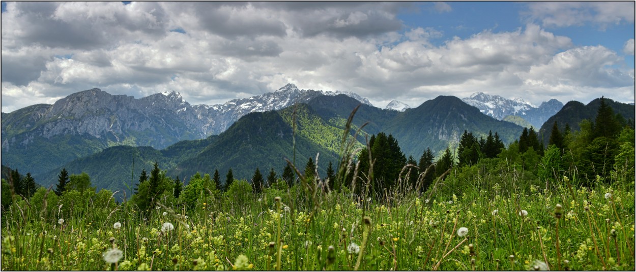Slovinsko, květen 2025-výhled z panoramatické cesty nad Solčavou na všechny doliny Logarskou, Matkov  a Robanov Kot